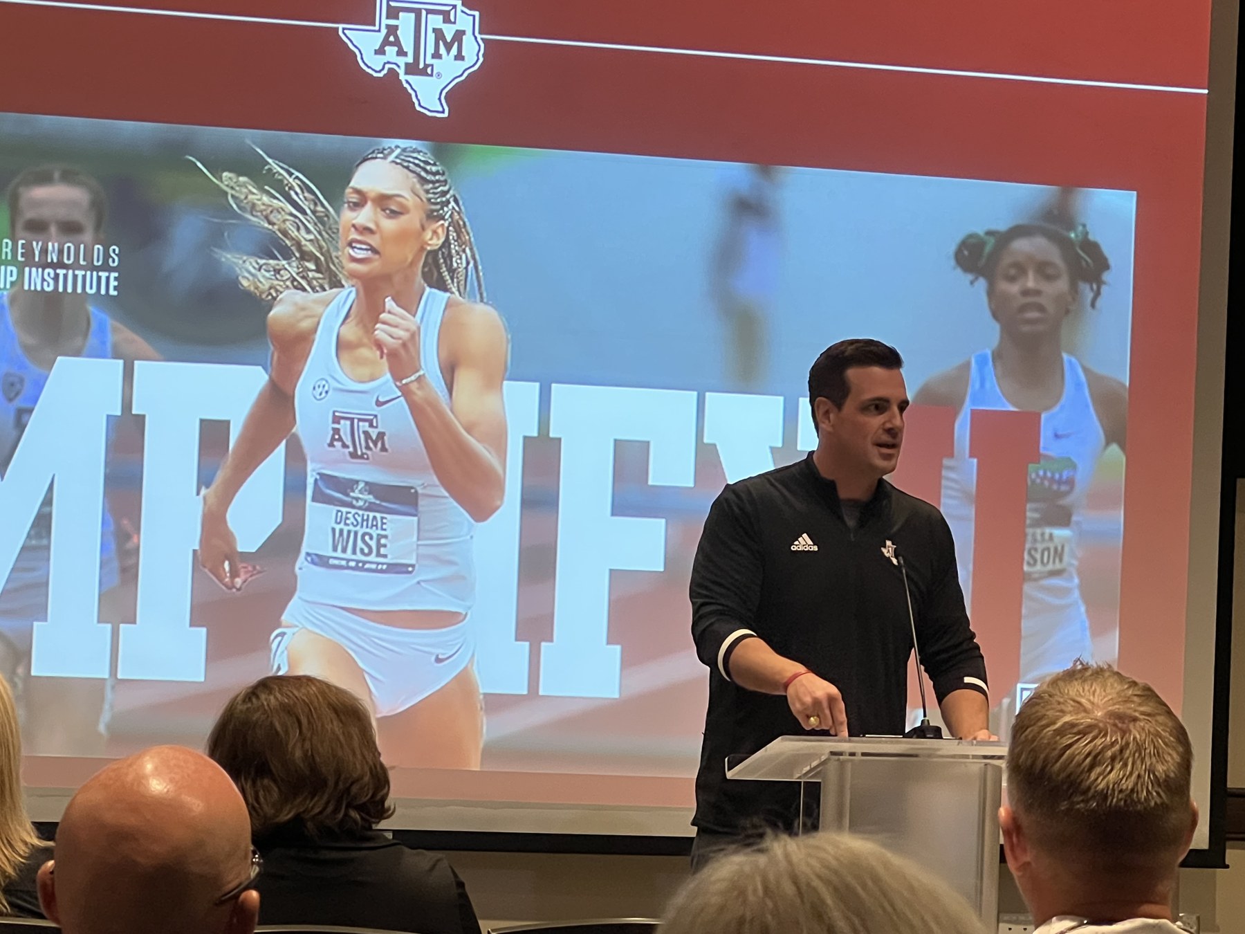 Chris Valletta speaks to the Texas A&M Athletic Department all-staff meeting, presenting the opportunity and value of AmplifyU.