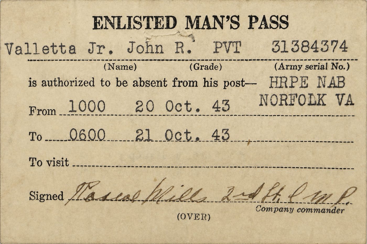 The Enlisted Man’s Pass, October 20 to 21, 1943.